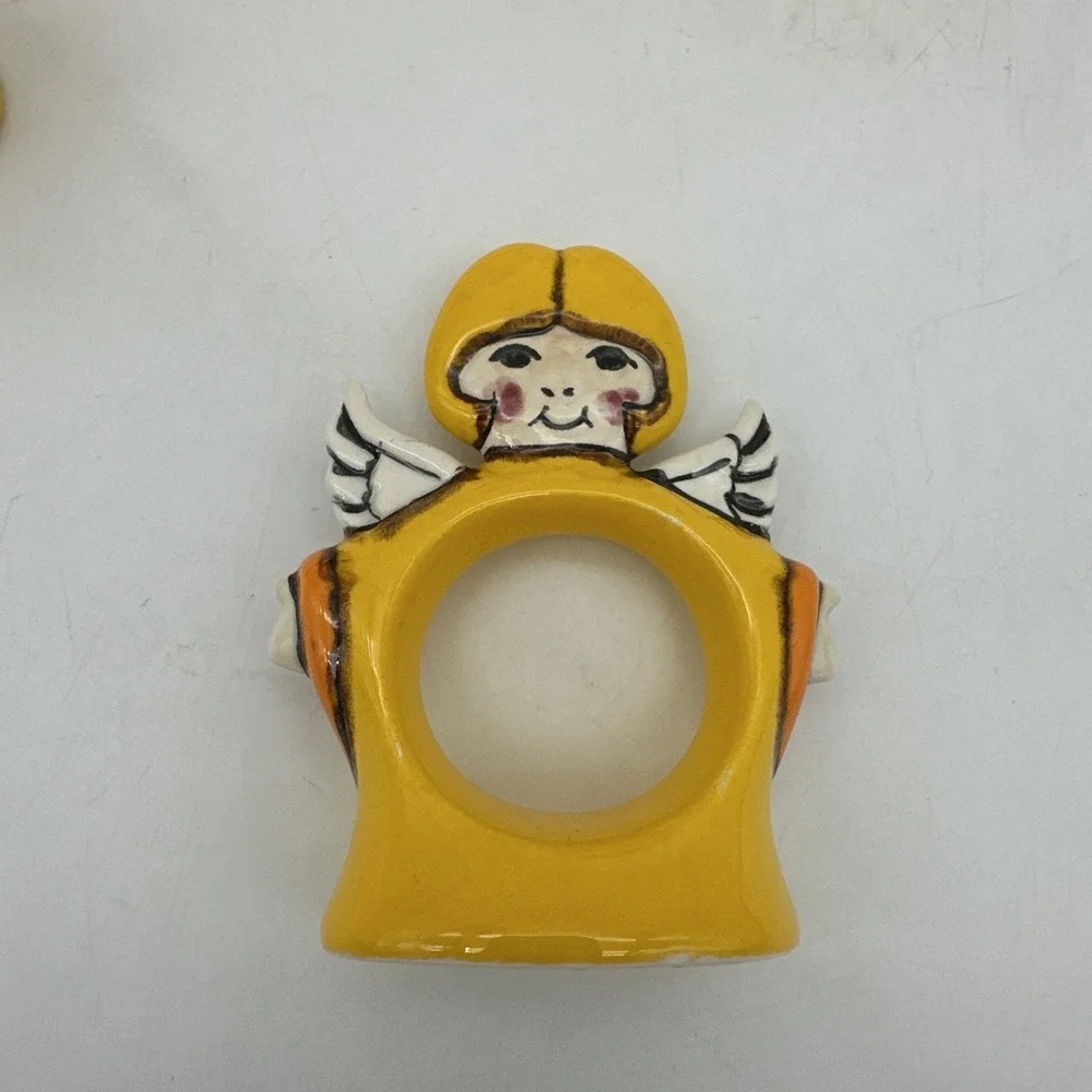 Set‎ of 6 Hand Painted Ceramic Angel Napkin Holder Rings Vintage 1970s Cherubs